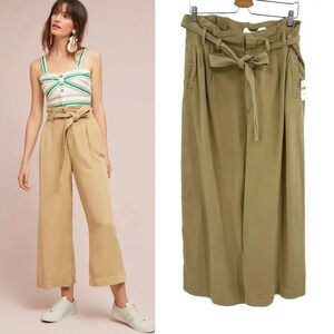 Anthropologie Blythe Wide-Leg Paperbag Pants Trouser Belted Khaki Tan Size US 14